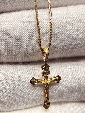 14K Yellow Gold Fancy Tiny Crucufix Pendant With 0.8mm Box Chain - 24 inch